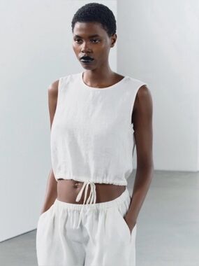 Zara BROWN Linen Sleeveless Top with tie waist